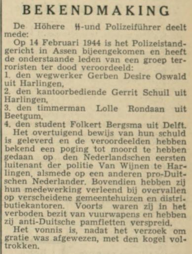Friesche Courant 21 febr 1944 Bekendmaking